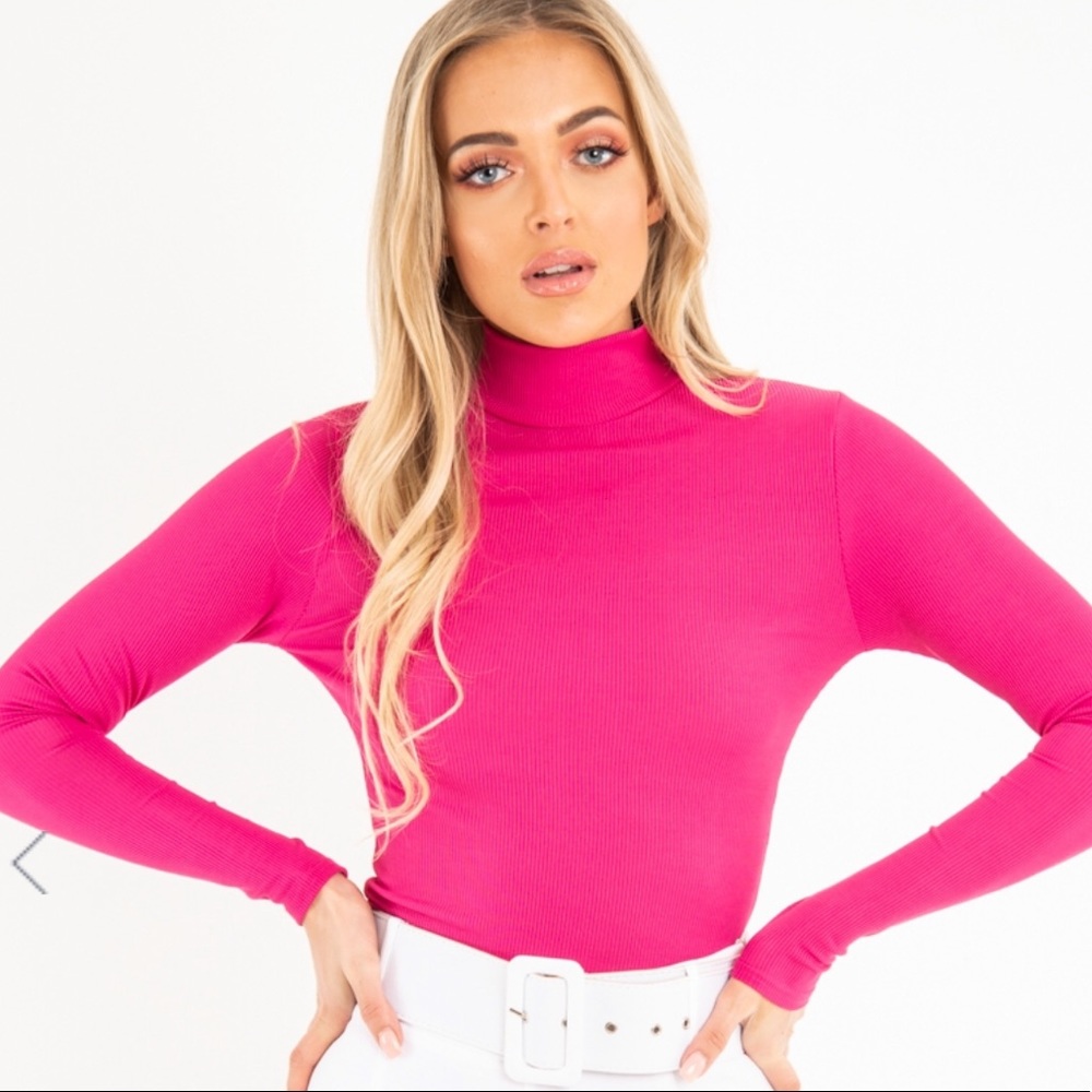 Fuchsia Rib Roll Neck Long Sleeve Top